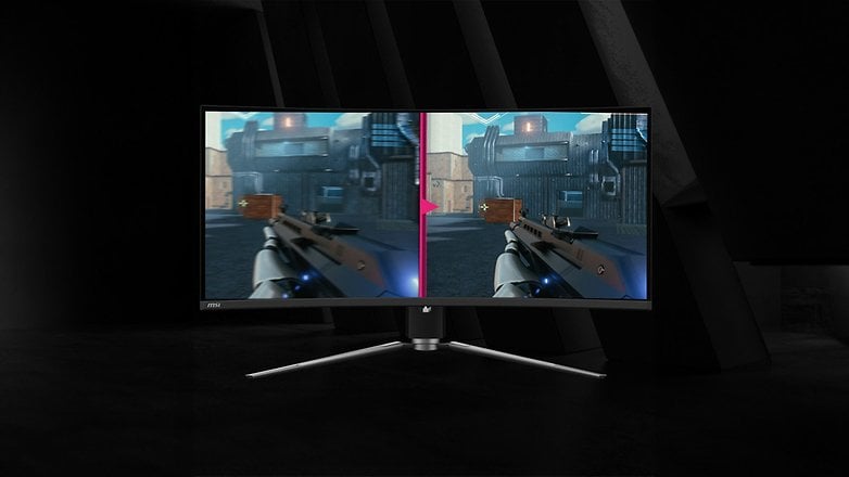 MSI MPG 341CQPX QD OLED-Gaming-Monitor zeigt ein geteiltes Bildschirm-First-Person-Shooter-Gameplay.
