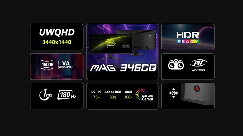 MSI MAG 346CQ gebogener Gaming-Monitor, UWQHD 3440x1440, 1 ms Reaktionszeit, 180 Hz Bildwiederholfrequenz, HDR bereit. MSI MAG 346CQ gebogener Gaming-Monitor, UWQHD 3440x1440, 1 ms Reaktionszeit, 180 Hz Bildwiederholfrequenz, HDR bereit.
