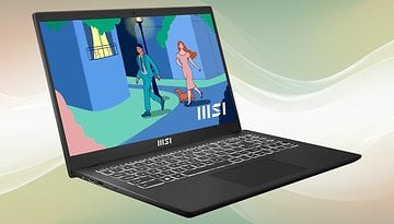 MSI Modern 15 Laptop, das eine animierte Szene eines Paares mit einem Hund zeigt.