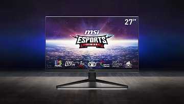 MSI Optix G2712DE steht vor einem dunklen Hintergrund