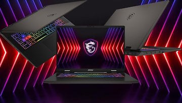 Drei MSI Sword 17 HX Laptops mit bunten RGB-Tastaturen und Logo vor einem Neon-Hintergrund.