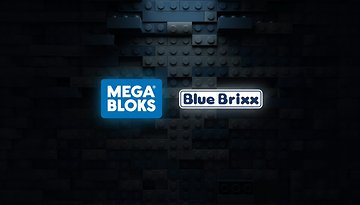 Logo von Mega Bloks und Blue Brixx auf einem dunklen Backstein-Hintergrund.