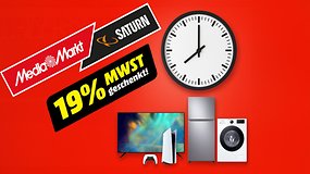 MediaMarkt- und Saturn-Logos mit einer Uhr, die 19% Mehrwertsteuer-Rabatt auf Elektronik und Haushaltsgeräte bewirbt.