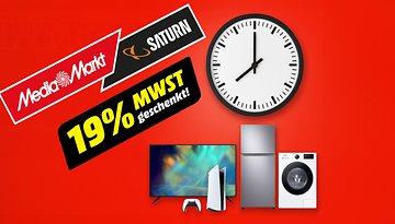 MediaMarkt- und Saturn-Logos mit einer Uhr, die 19% Mehrwertsteuer-Rabatt auf Elektronik und Haushaltsgeräte bewirbt.