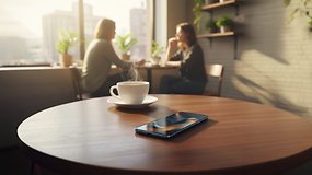 Ein Motorola Edge 60 Smartphone auf einem Holztisch mit einer dampfenden Tasse Kaffee und zwei Frauen, die im Hintergrund sprechen.