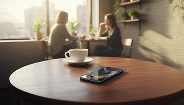Ein Motorola Edge 60 Smartphone auf einem Holztisch mit einer dampfenden Tasse Kaffee und zwei Frauen, die im Hintergrund sprechen.