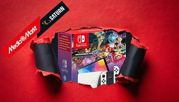 Nintendo Switch OLED-Box mit Mario Kart 8 Deluxe und Logos von Media Markt und Saturn.