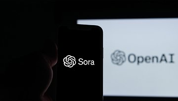 Sora-Schriftzug auf einem Smartphone vor OpenAI-Schriftzug