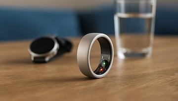 Nahaufnahme eines Oura-Smartrings auf einem Holztisch mit einem Glas Wasser und einer Smartwatch im Hintergrund.