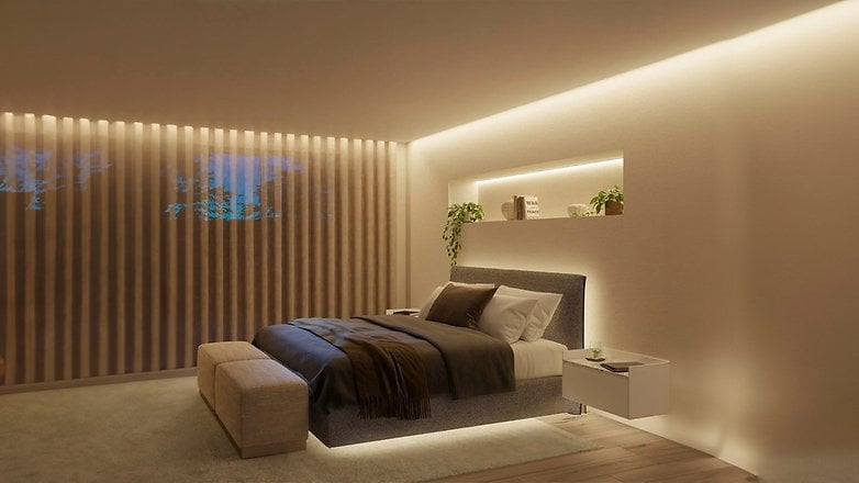 Modernes Schlafzimmer mit Philips Hue Lichtleiste, die die Wände betont, und Pflanzen auf einem Regal. Modernes Schlafzimmer mit Philips Hue Lichtleiste, die die Wände betont, und Pflanzen auf einem Regal.