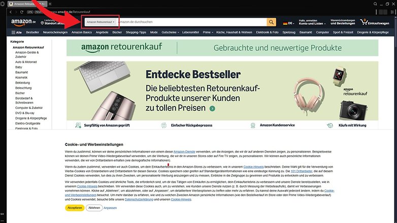 Amazon Retourenkauf-Seite mit vorgestellten Produkten und Navigationsoptionen.
