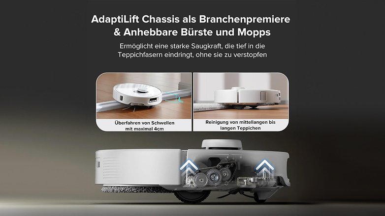 AdaptLift-Chassis des Roborock Qrevo Curv mit abnehmbarer Bürste und Mopp für tiefes Reinigen von Teppichen ohne Verstopfung.