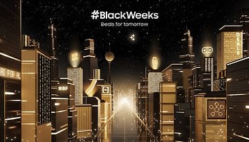 #BlackWeeks Angebote für morgen in einer futuristischen Stadtlandschaft mit beleuchteten Gebäuden und Werbetext.