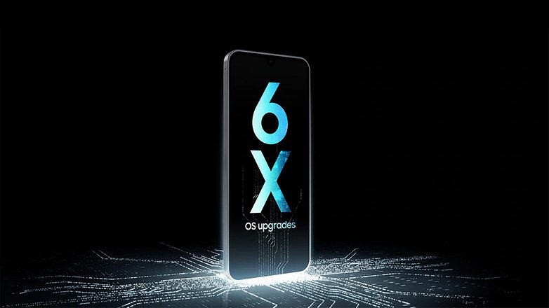 Samsung Galaxy A17 Smartphone mit dem Text '6X OS-Updates' vor einem dunklen Hintergrund. Samsung Galaxy A17 Smartphone mit dem Text '6X OS-Updates' vor einem dunklen Hintergrund.