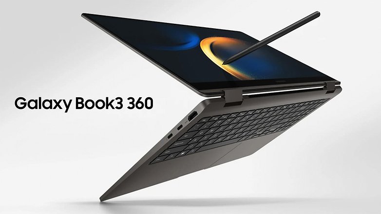 Galaxy Book3 360 Laptop mit Stylus, in einer schwebenden Position vor einem weißen Hintergrund. Galaxy Book3 360 Laptop mit Stylus, in einer schwebenden Position vor einem weißen Hintergrund.