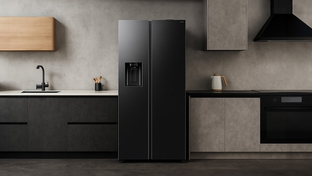 Ein eleganter schwarzer Samsung-Kühlschrank in einer modernen Küchenumgebung.