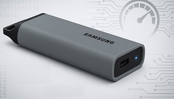 Samsung SSD T5 Evo externes Speichermedium mit elegantem grauen Design und USB-C-Anschluss.
