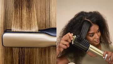 Ein elegantes Haarstyling-Tool auf einem Holz-Hintergrund; eine Frau stylt ihr Haar mit einer Rundbürste.