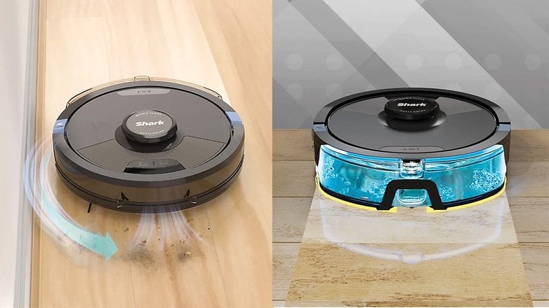 Zwei Shark 2-in-1 Saug- und Wischroboter auf Holzfußböden, einer reinigt gerade Schmutz. Zwei Shark 2-in-1 Saug- und Wischroboter auf Holzfußböden, einer reinigt gerade Schmutz.