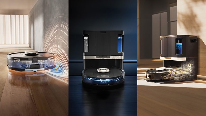 Drei Bilder eines Shark-Roboterstaubsaugers, die Design und Funktionen zeigen.