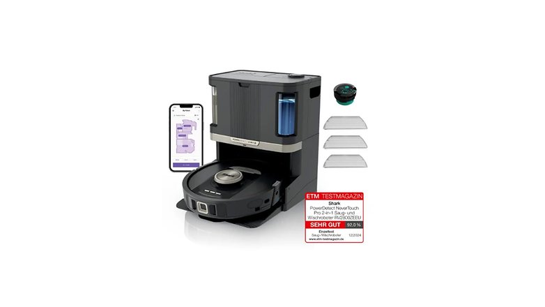 Shark PowerDetect NeverTouch Pro-Roboterstaubsauger mit Mobile-App, Reinigungspads und ETM Test Magazin Bewertung.