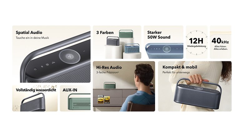 Bluetooth-Lautsprecher mit 50W Sound, 12H Wiedergabe, wasserdicht und kompaktem Design. Mit Spatial Audio und AUX-IN.