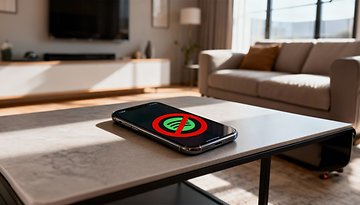 Ein Smartphone auf einem Tisch, das ein 'kein Spotify'-Symbol in einem modernen Wohnzimmer zeigt.