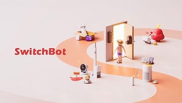 Bunte Illustration von SwitchBot-Geräten mit einer Figur, die eine Tür öffnet, um den Prime Day zu bewerben.