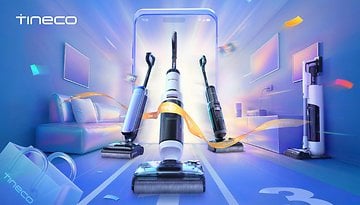 Tineco-Staubsauger in einem modernen Wohnzimmer mit einer Smartphone-Schnittstelle.