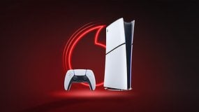 Eine PlayStation 5-Konsole und ein Controller mit einem Vodafone-Logo im Hintergrund.