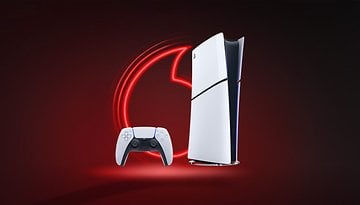 Eine PlayStation 5-Konsole und ein Controller mit einem Vodafone-Logo im Hintergrund.