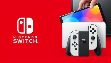 Nintendo Switch OLED vor rotem Hintergrund