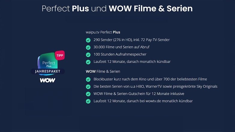 waipu.tv Perfect Plus und WOW Filme & Serien bieten 290 Sender, 30.000 Filme und 100 Stunden Aufnahmespeicher.