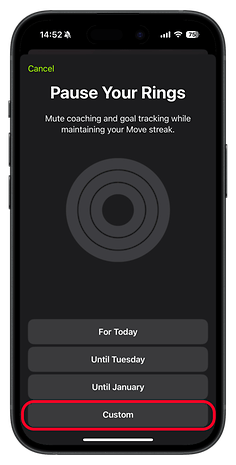 iPhone screen displaying 'Pause Your Rings' with options for pausing activity tracking.