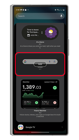 Google Search widget with a search bar and options to add features on a smartphone screen.