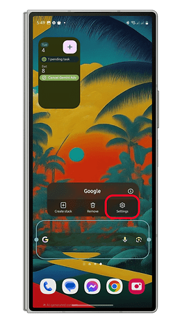 Smartphone screen displaying a Google search widget with options: Create stack, Remove, Settings.