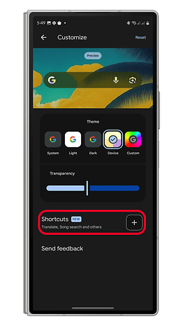 Configuração de personalização do widget de pesquisa do Google com opções de tema e atalhos para tradução e pesquisa de músicas.