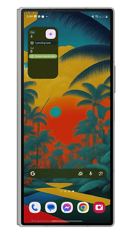 Um smartphone exibindo um fundo colorido com um widget de busca do Google e lembretes de tarefas.