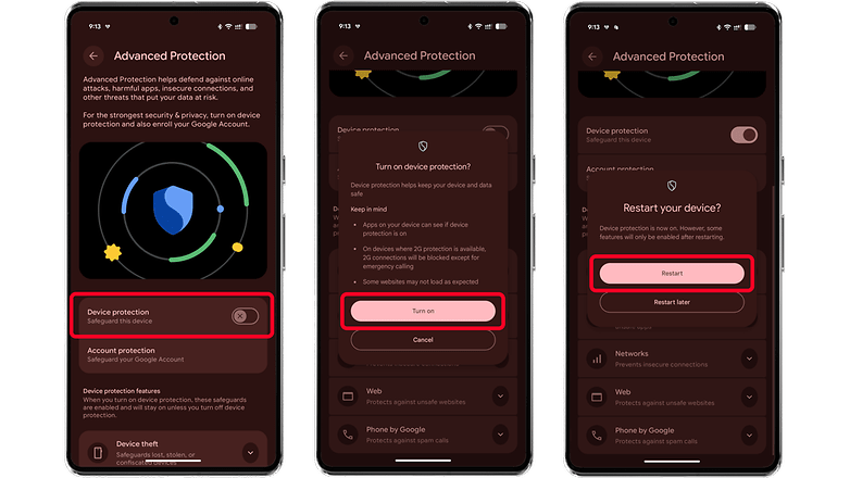 Screenshots of the Android 'Advanced Protection' settings with device protection options. Screenshots of the Android 'Advanced Protection' settings with device protection options.