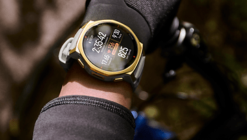 A Zepp smartwatch displaying workout stats on a wrist, showing time, distance, and heart rate.