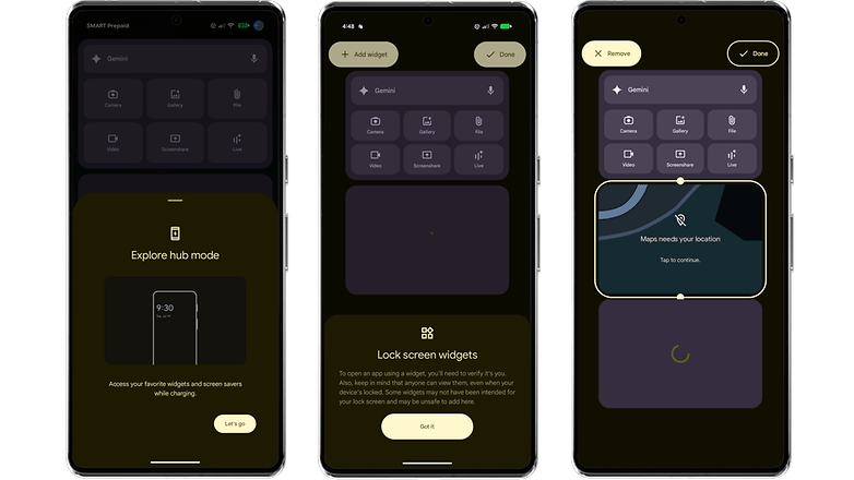 Screens displaying the Google Pixel 9 Pro's hub mode features and widget options.