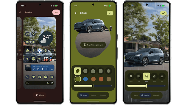 Three smartphone screens displaying a weather app and editing effects.