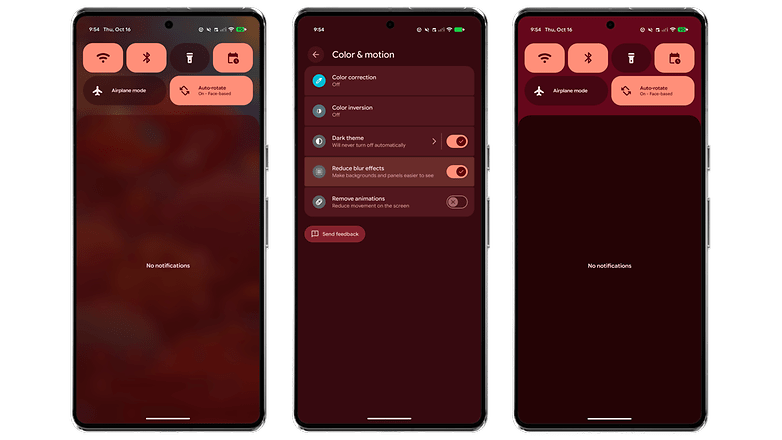 Three smartphones displaying Android 16 settings: Color correction, Dark theme, and other options. Three smartphones displaying Android 16 settings: Color correction, Dark theme, and other options.