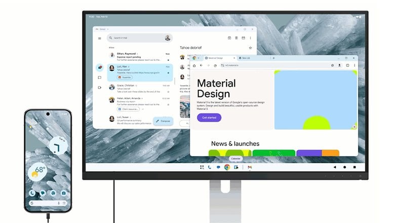 A smartphone and monitor displaying Google Material Design interface with email and web pages. A smartphone and monitor displaying Google Material Design interface with email and web pages.