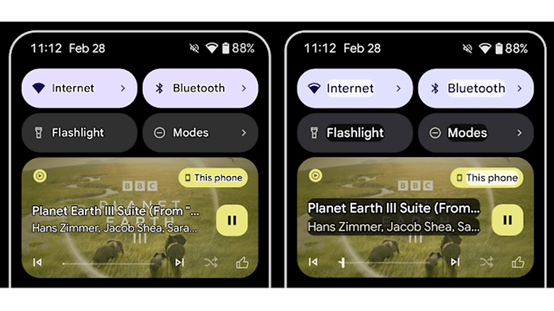 Tela de smartphone exibindo configurações rápidas e reprodutor de mídia para 'Planet Earth III Suite'.