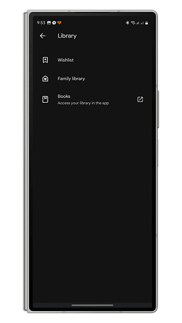 Library page on a mobile app with options for Wishlist, Family library, and Books.