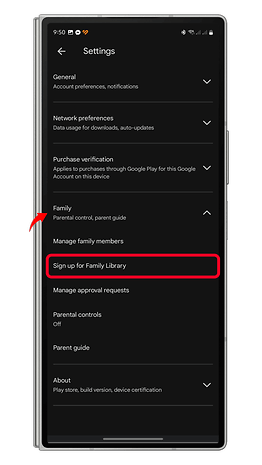 Settings menu on a mobile device showing options for Family Library and parental controls.