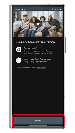 Google Play Family Library screen showing options to share apps and manage family purchases, with a 'SIGN UP' button.