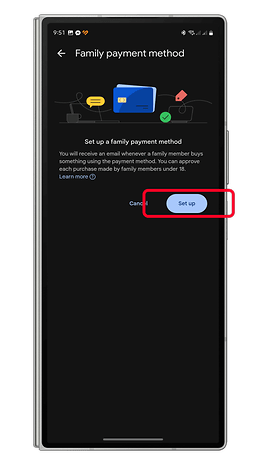 Family payment method setup screen with 'Set up' and 'Cancel' buttons.