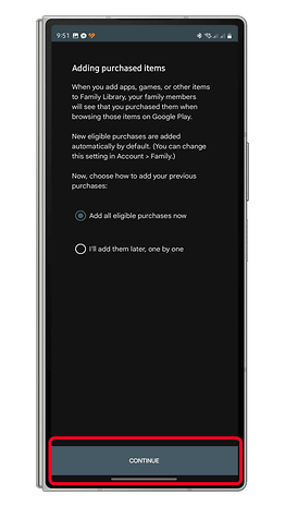 Screen displaying options for adding purchased items to Family Library on Google Play.